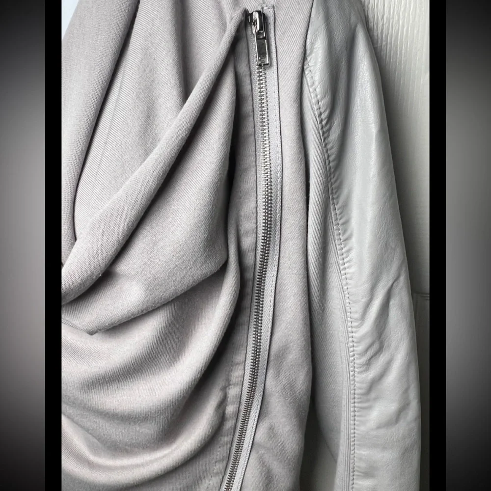 BL^NK NYC Gray Jacket Faux Leather Vegan Knit Moto Asymmetrical Zip Drapey